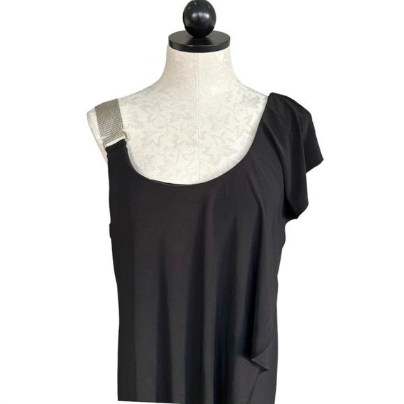 Black Cocktail Dress One Shoulder Silver Chain Strap One Flutter Fits Large - Picture 5 of 12